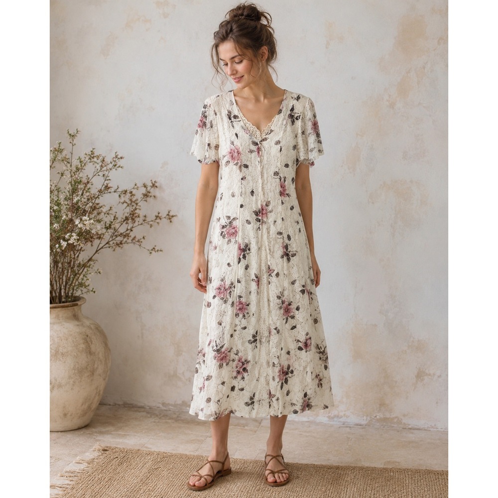 Vintage Starina Fairy Romantic Cottagecore Maxi Dress Womens Medium White Lace